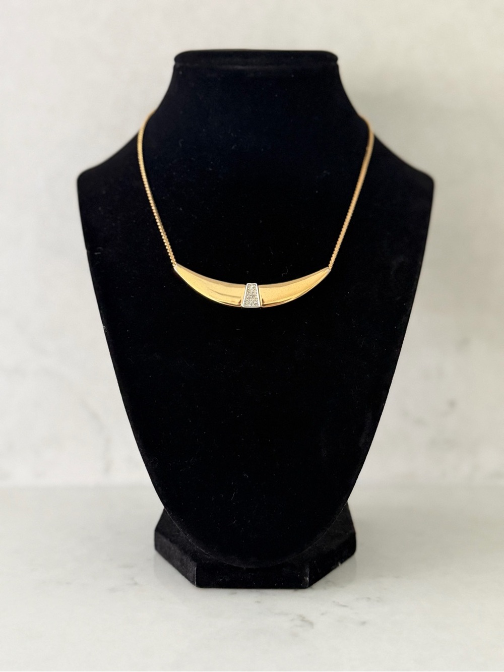 Vintage Trifari Gold Crescent Pendant Necklace with Pavé Accent